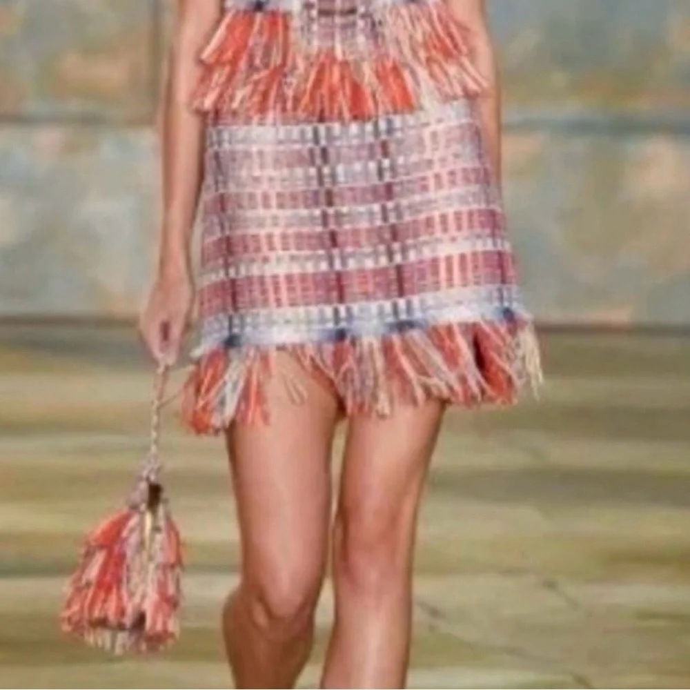 Tory Burch Tara Skirt Indigo Lurex Tweed Fringe Sz 2 Rare Runway 2016 Collection